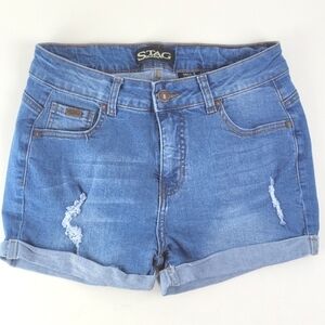 Stag Jeans High Rise Rolled Hem Distressed Ripped Light Wash Jean Short